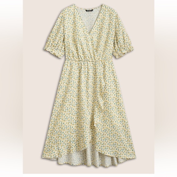 BloomChic Plus Size 6XL Citrus Lemon Print Overlap Collar Lantern Sleeve Dress - Picture 6 of 8